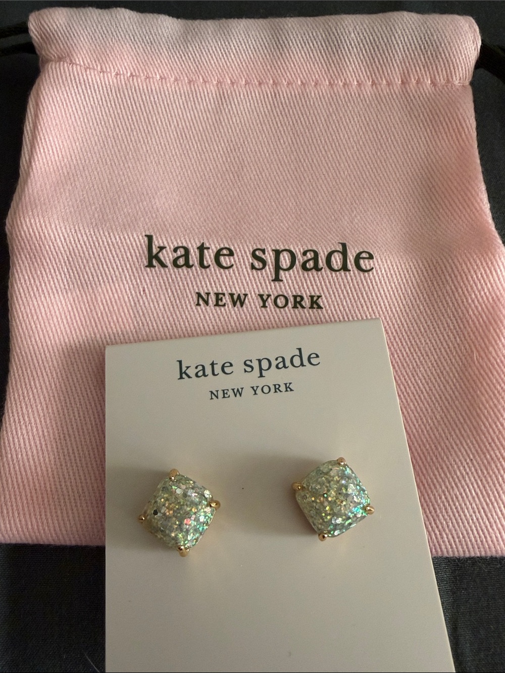 kate spade Iridescent Glitter Square Stud Earrings in Gold Setting